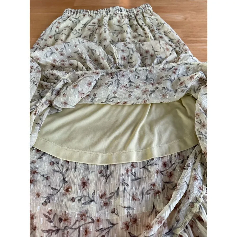H&M Floral Tiered Midi Skirt Cream Boho Cottagecore Womens S